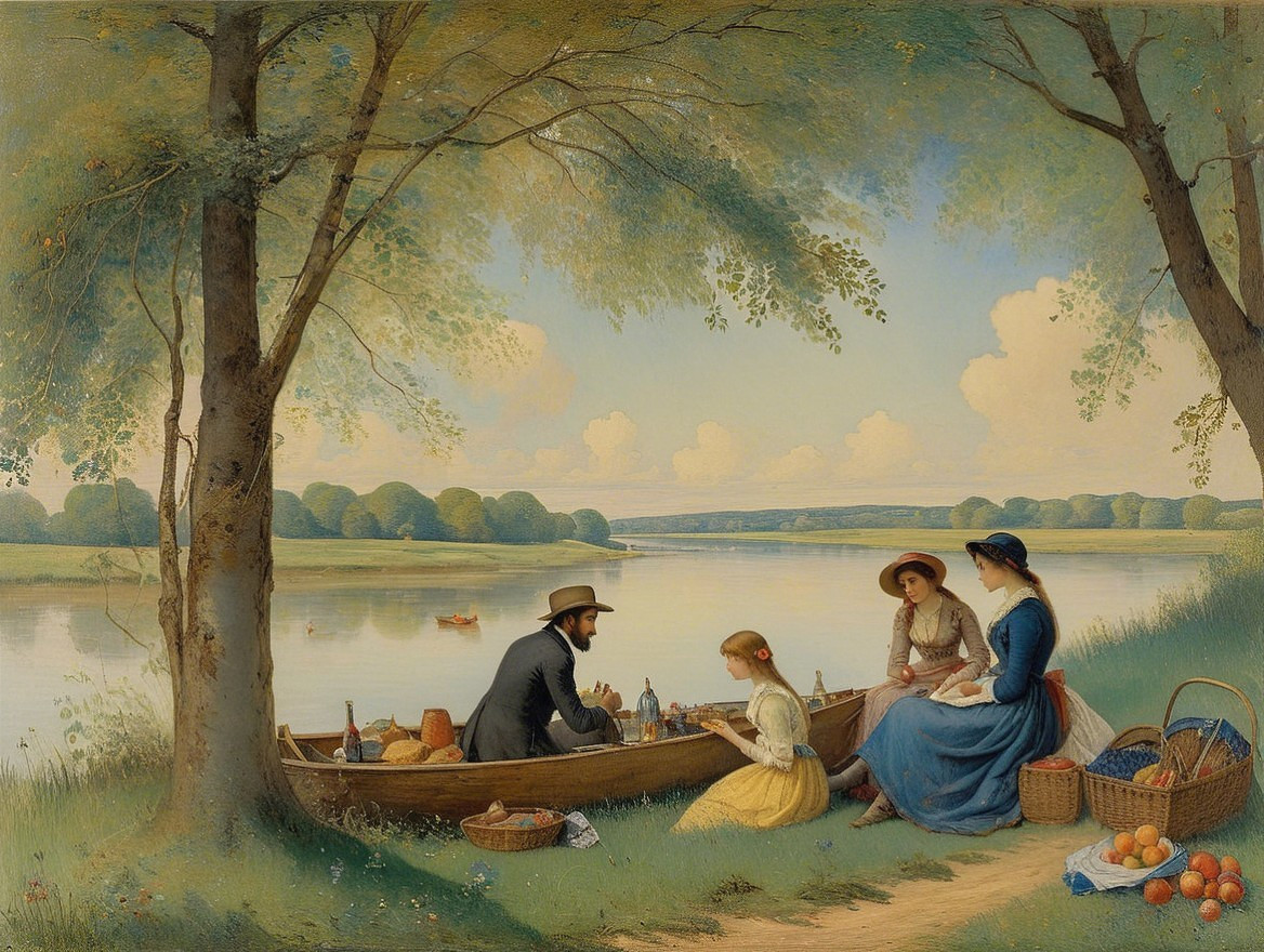 Lakeside Scene with Figures in Rowboat and Picnic Items