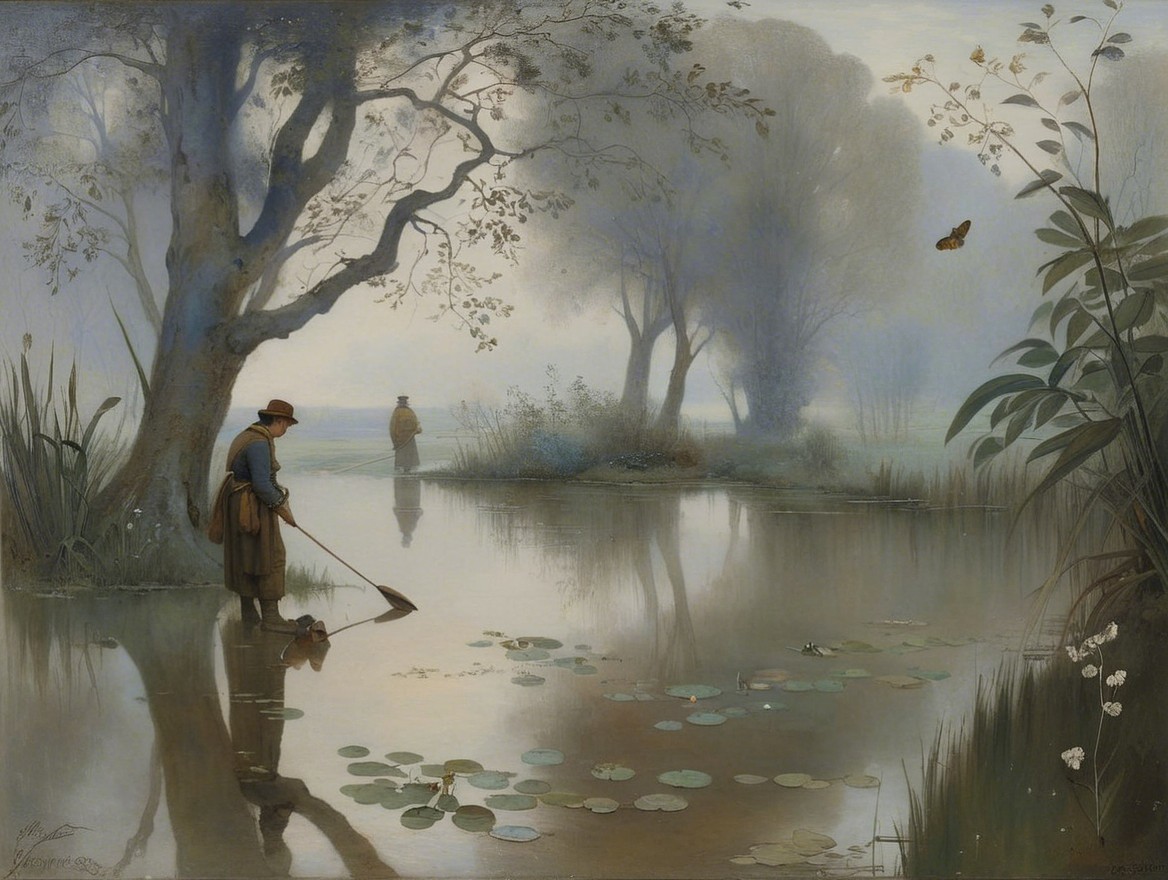 Serene Landscape with Fishing Figure and Lily Pads