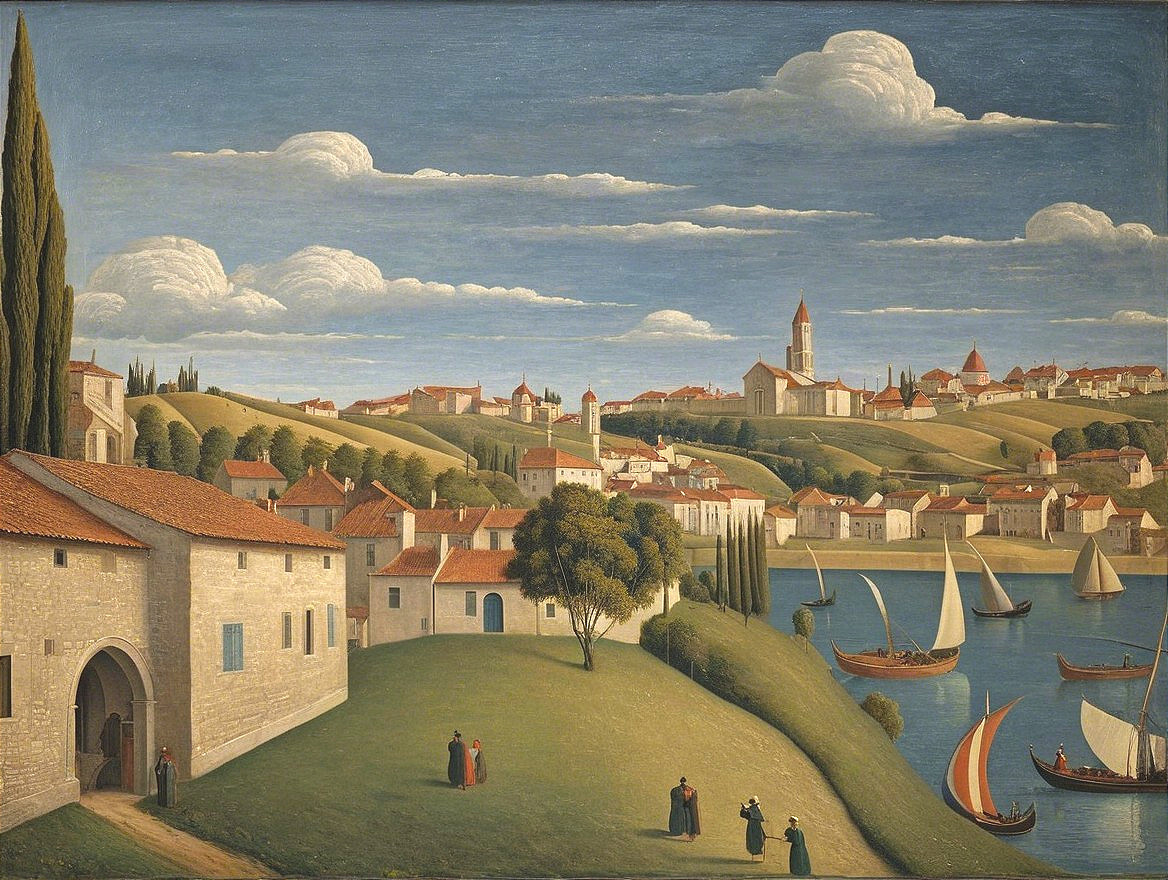 Serene Landscape with Rolling Hills and River Scene