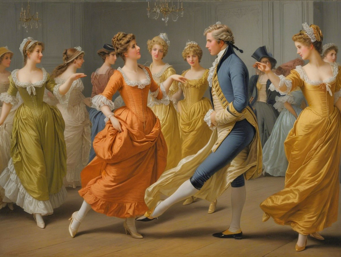 Elegant Ballroom Dance with Colorful Attire and Chandeliers