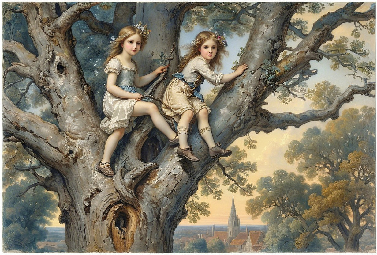 Girls in Flowing Dresses Play in a Gnarled Tree