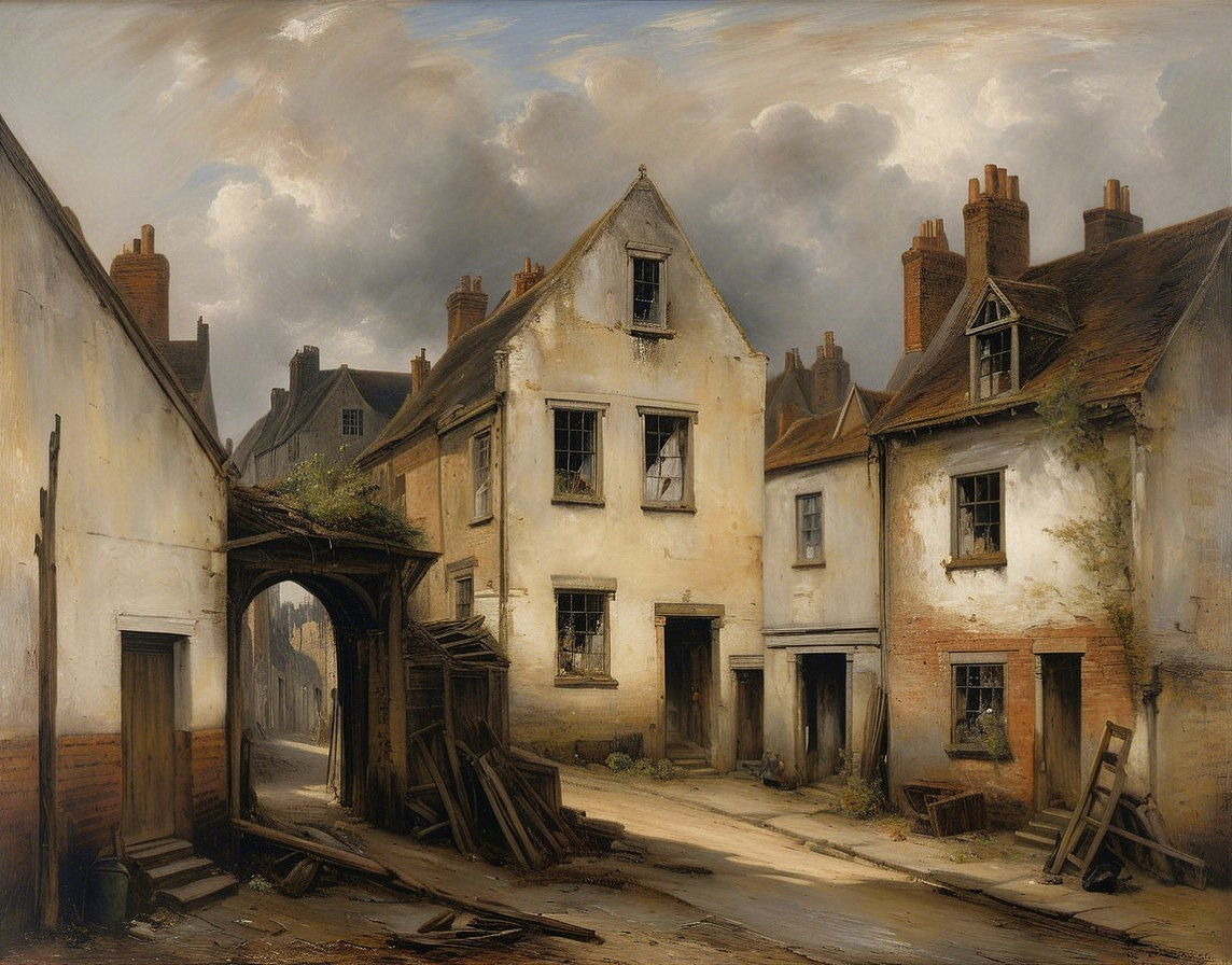 Old Street Scene with Dilapidated Houses and Weeds