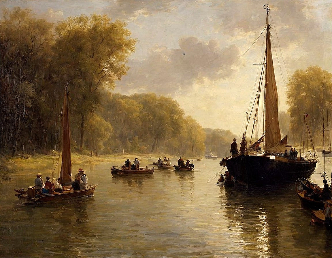 Tranquil river landscape with sailboats, rowboats, people, trees, and soft lighting