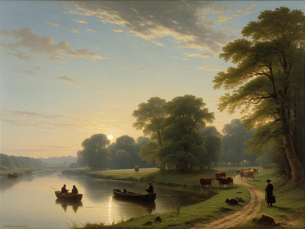 Serene riverside scene with boats and grazing cows