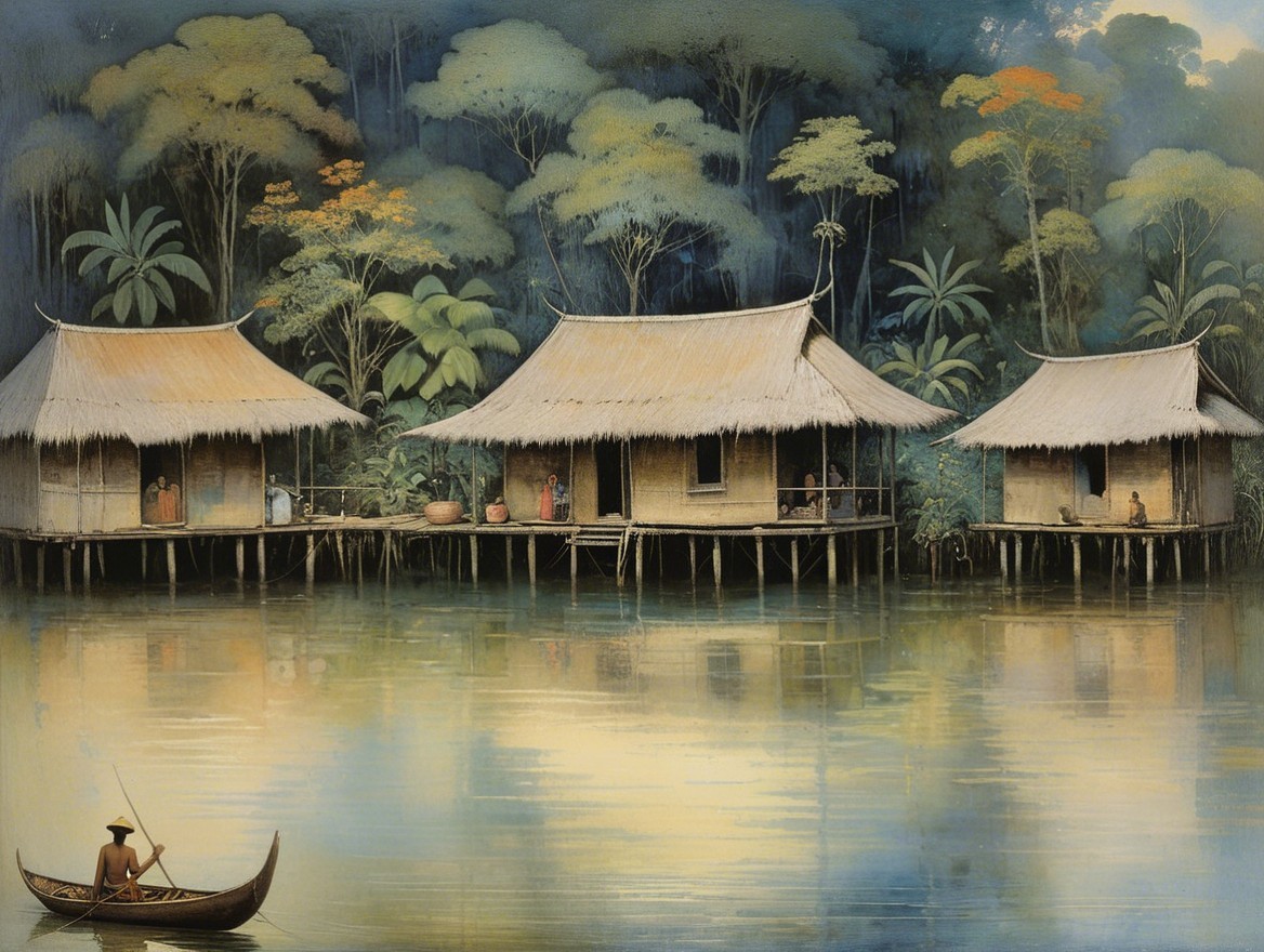Wooden Houses on Stilts by a Tranquil River