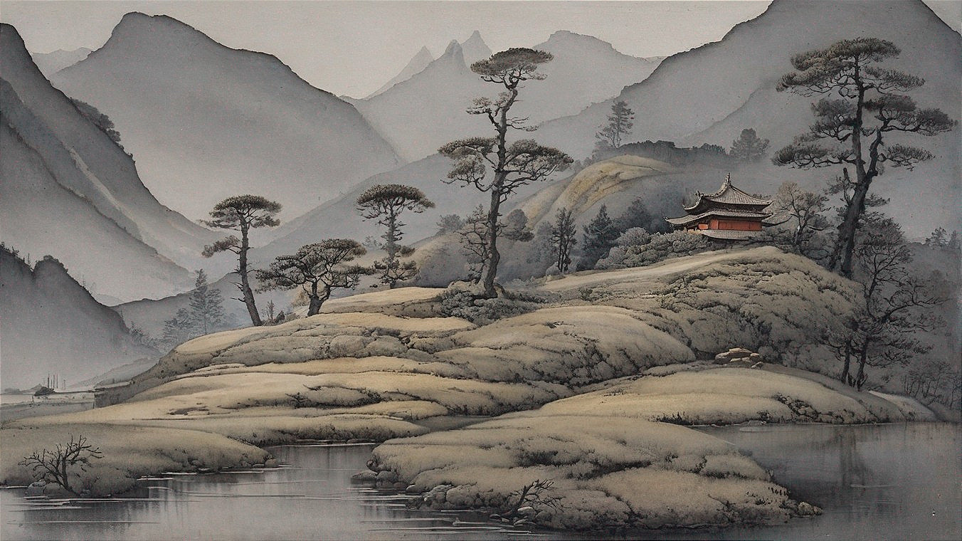 Serene landscape with hills, pine trees, and water
