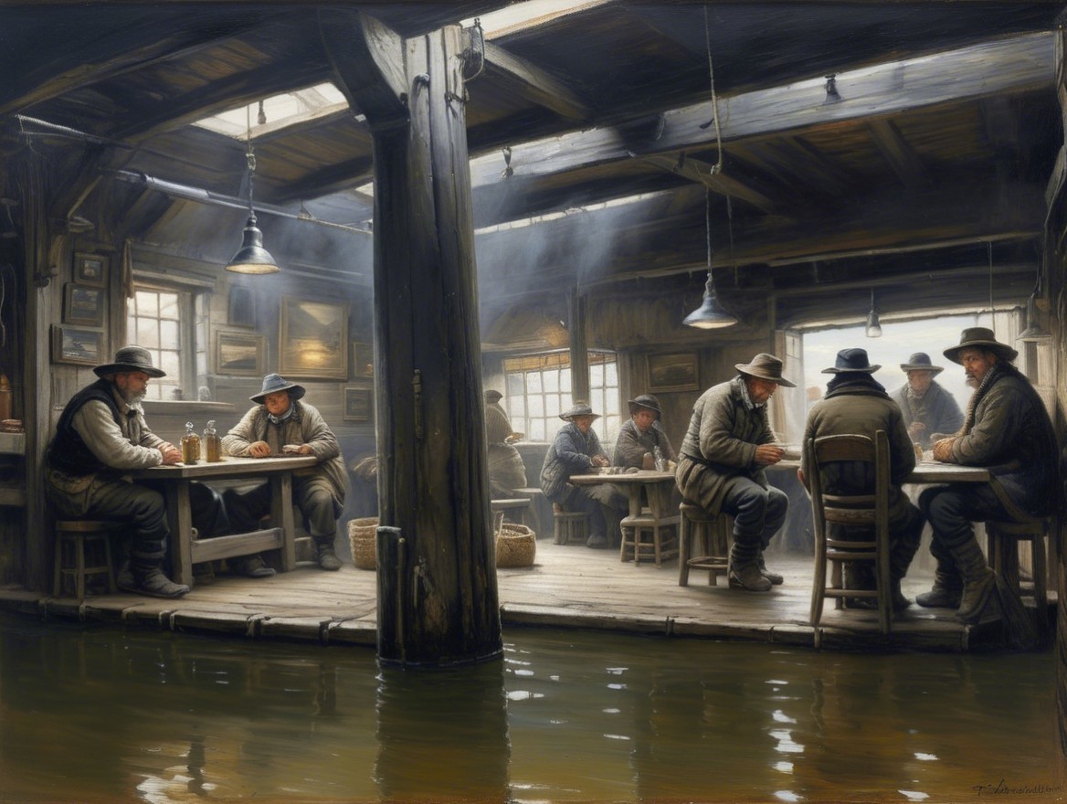 Dimly Lit Rustic Tavern with Engaged Patrons