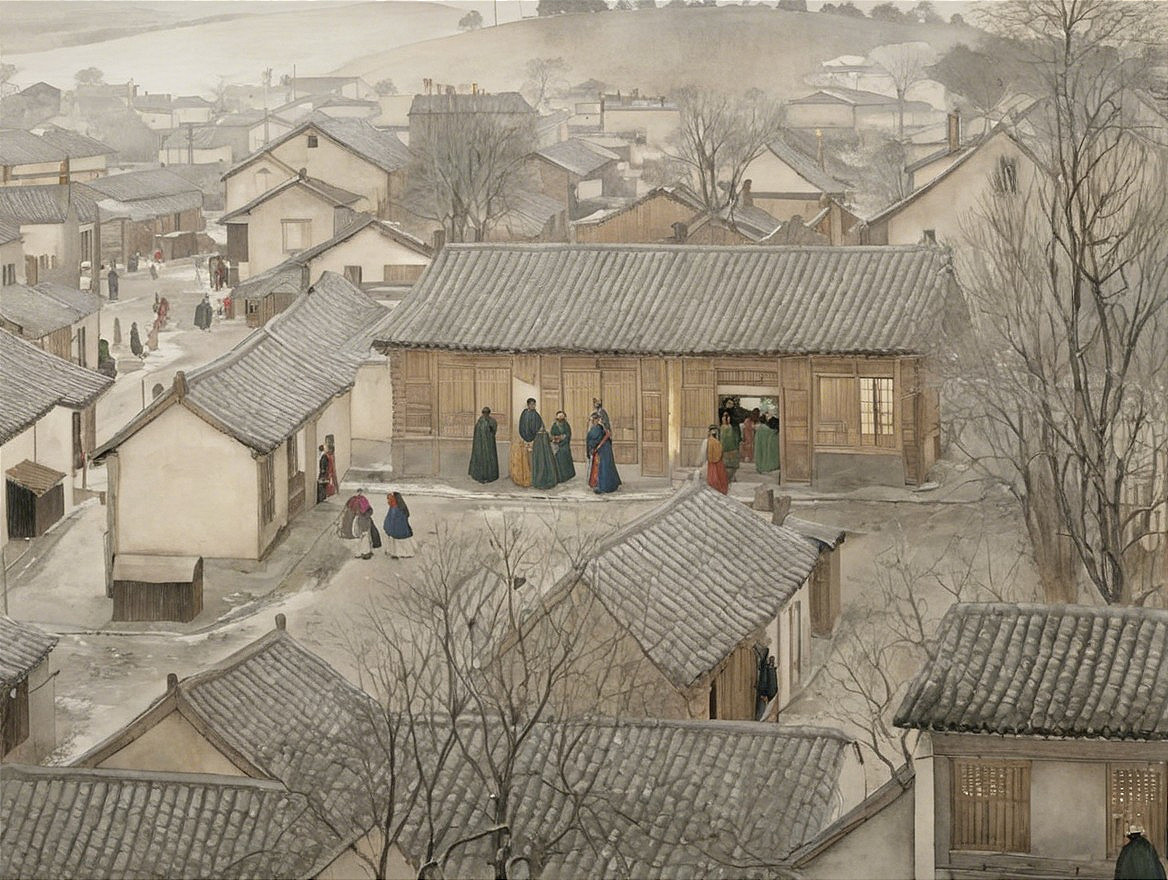 Serene Village Landscape with Traditional Architecture