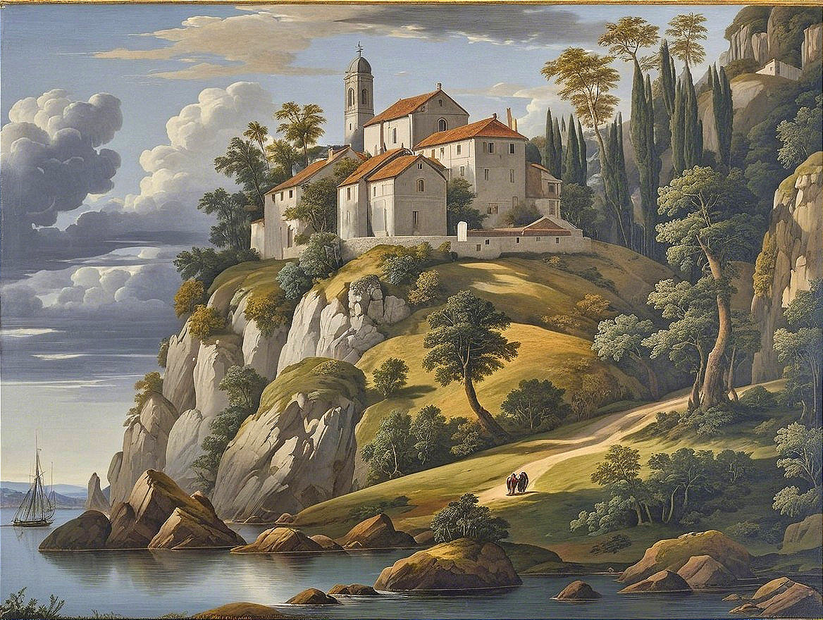 Quaint Hilltop Village Surrounded by Lush Greenery