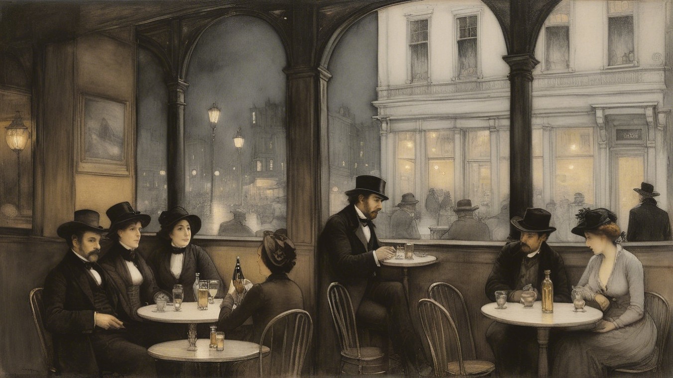 Vintage Café Evening with Gaslight and Patrons