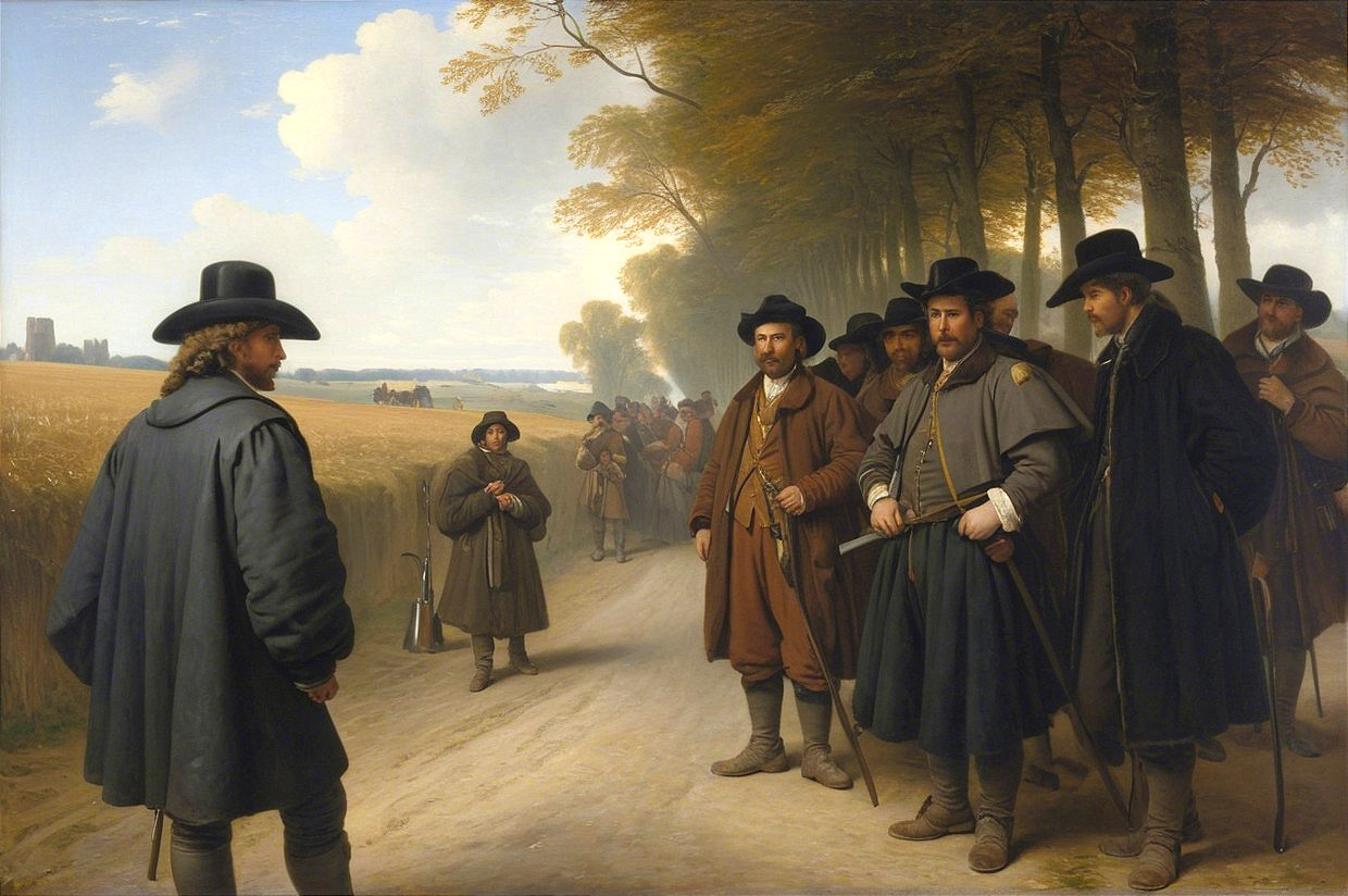 17th-Century Men in Attire Along Tree-Lined Path