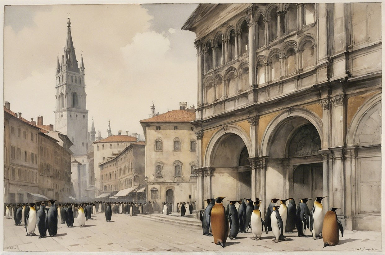 European city square with historic architecture and penguins
