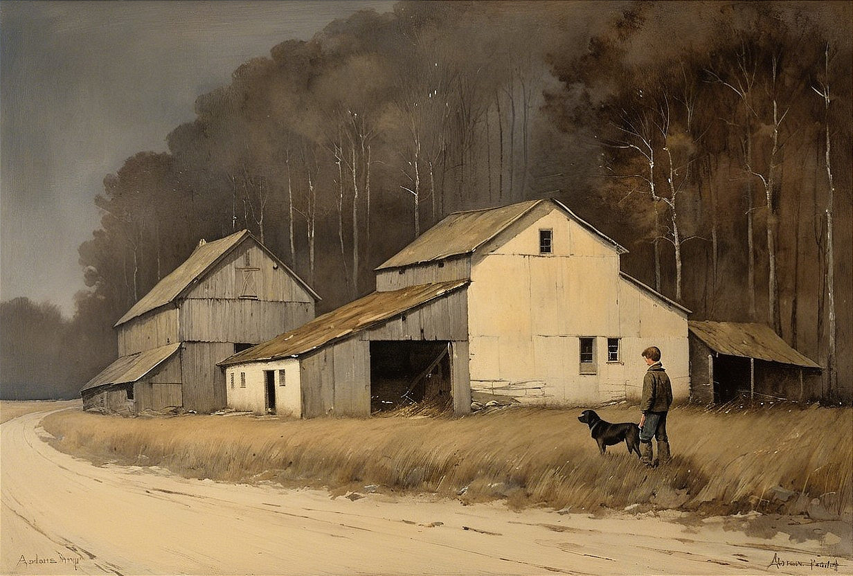 Tranquil Rural Scene with Boy and Black Dog
