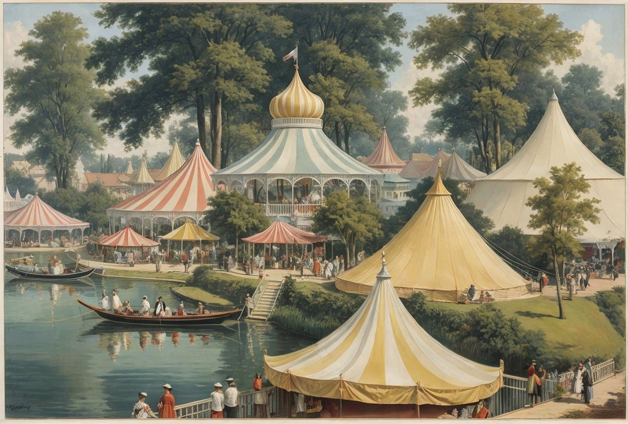 Lakeside carnival with colorful tents and festivities