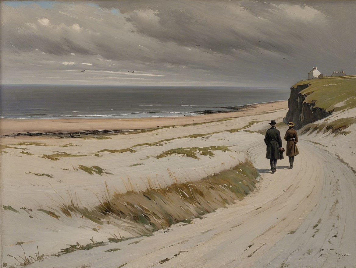Coastal Scene with Figures and Dramatic Clouds