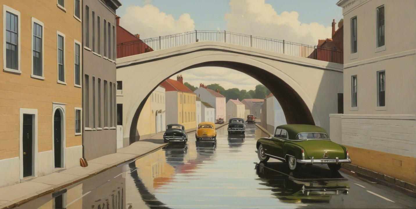 Classic Cars in Reflective Urban Street Scene