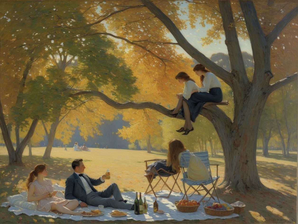 Autumn Landscape with Family Picnic Under Trees
