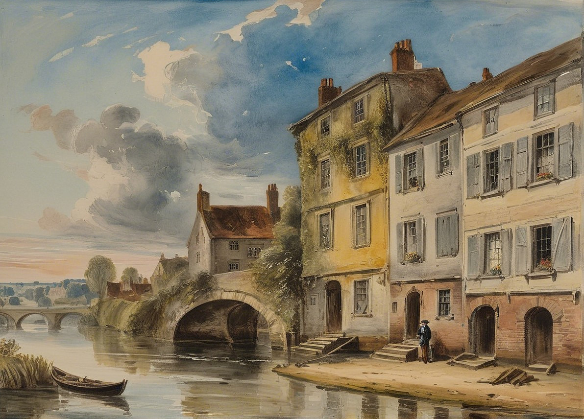 Picturesque Riverside Scene with Colorful Houses