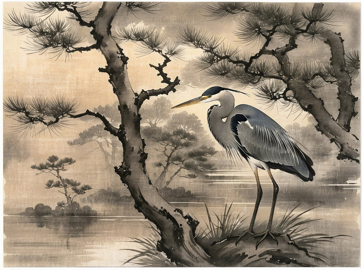 Digital Painting of Great Blue Heron by Calm Lake
