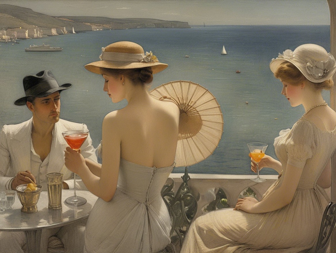 Coastal Scene with Trio on Balcony Enjoying Drinks