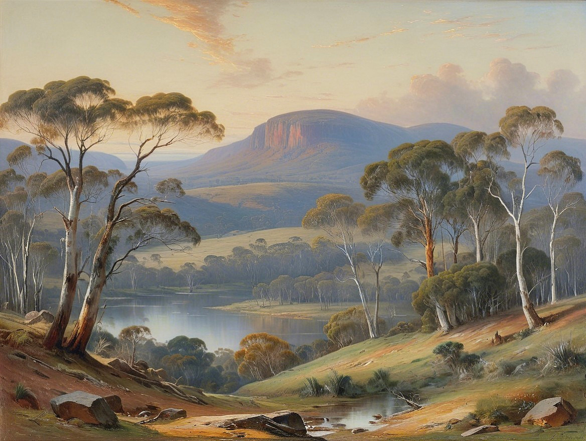 Serene Landscape with Hills, River, and Mountain View