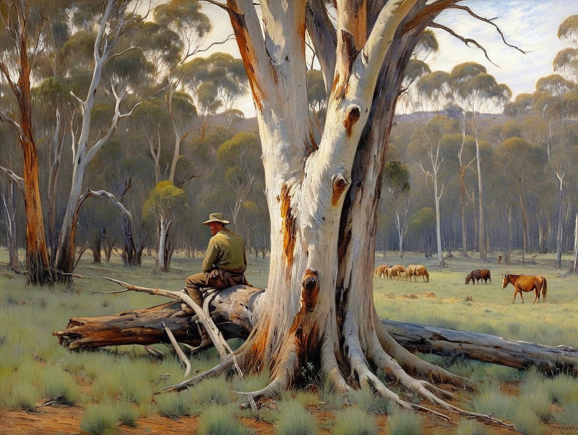 Serene Rural Landscape with Eucalyptus Tree and Horses