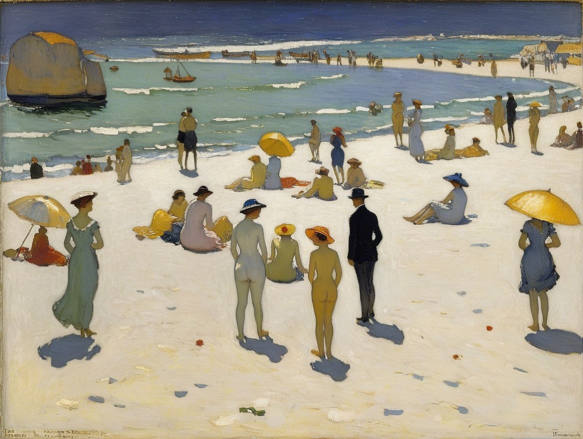 Sunlit Beach Scene with People and Colorful Umbrellas