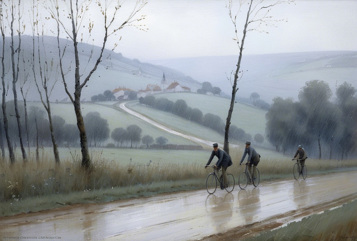 Cyclists on a Rain-Soaked Winding Road in Nature