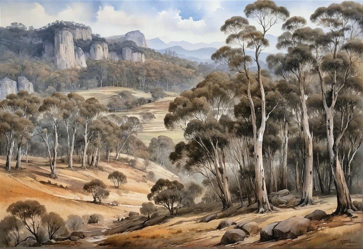 Serene Countryside Landscape with Eucalyptus Trees