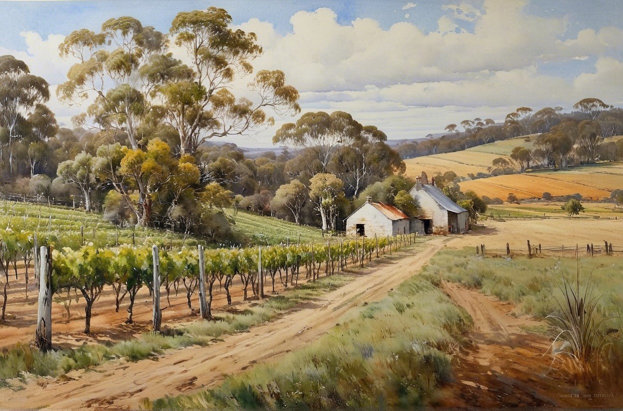 Serene Rural Landscape with Vineyards and Barns