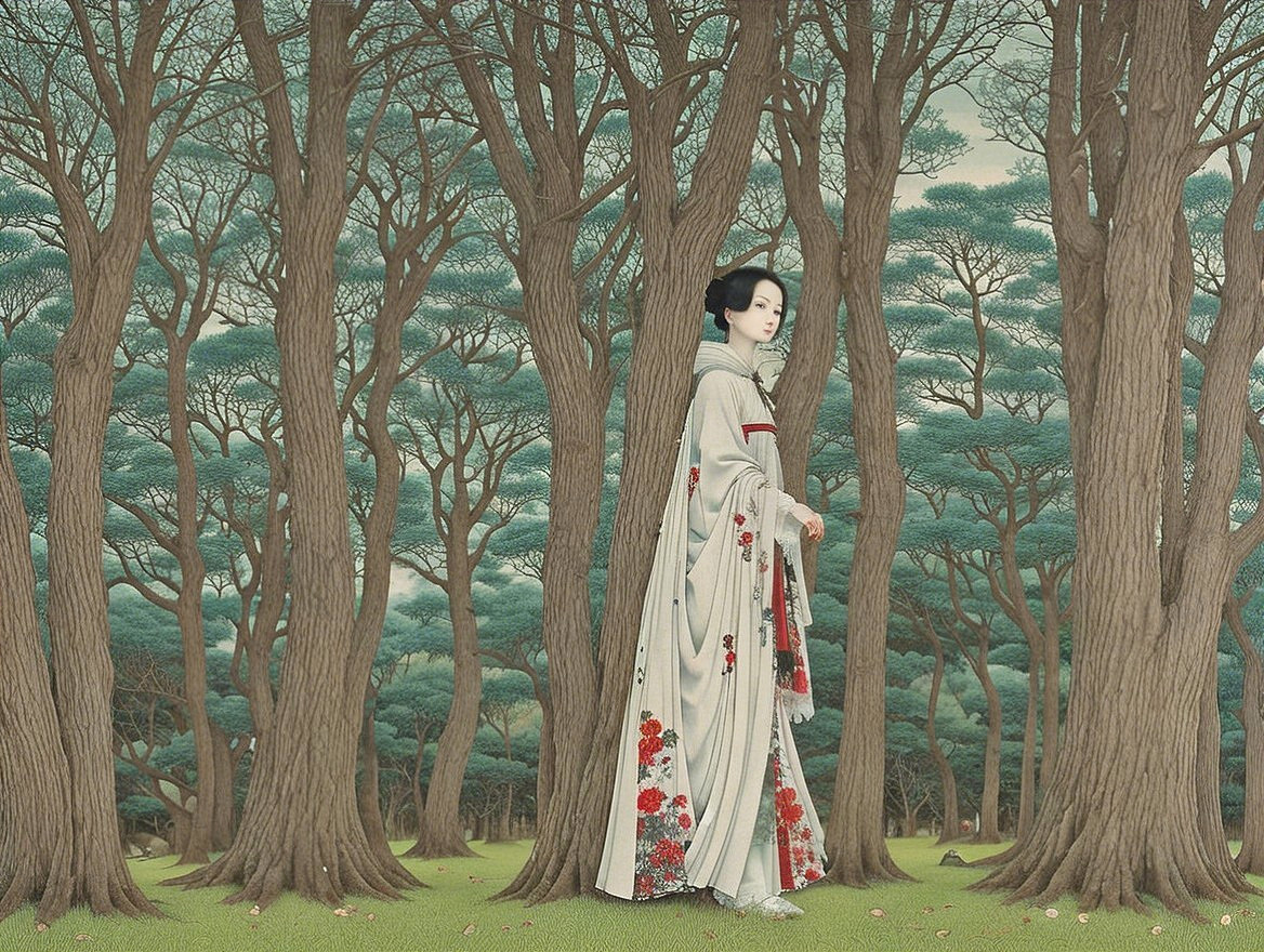 Woman in Kimono Walking Through Serene Forest