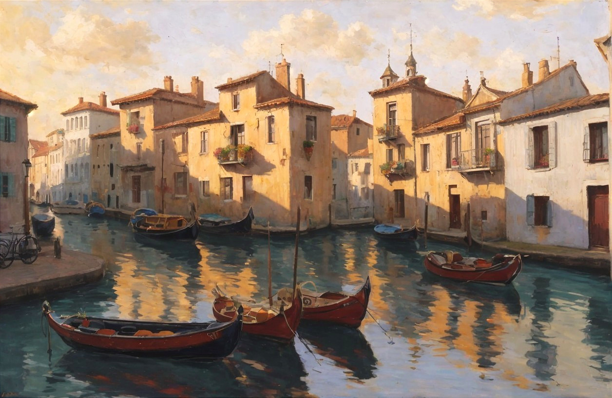 Tranquil painting of boats on calm canal with rustic buildings and soft sky