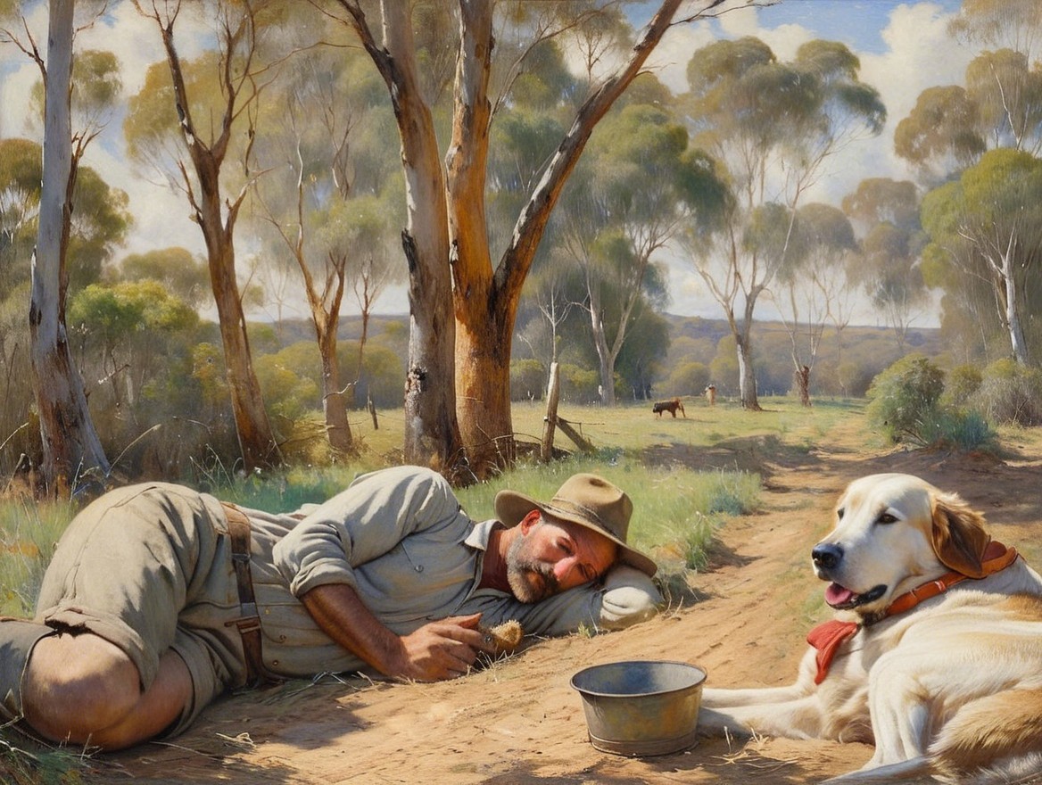 Man and dog relax in a tranquil rural landscape