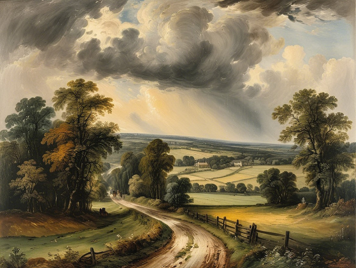 Countryside Landscape with Winding Road and Storm Clouds