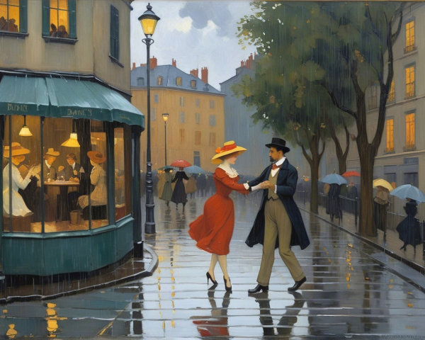 Couple Dancing Under Umbrella in Rainy Paris Street