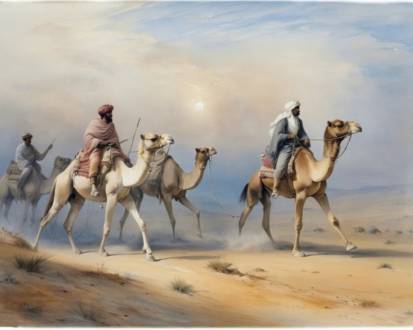 Nomadic Travelers on Camels in Desert Landscape