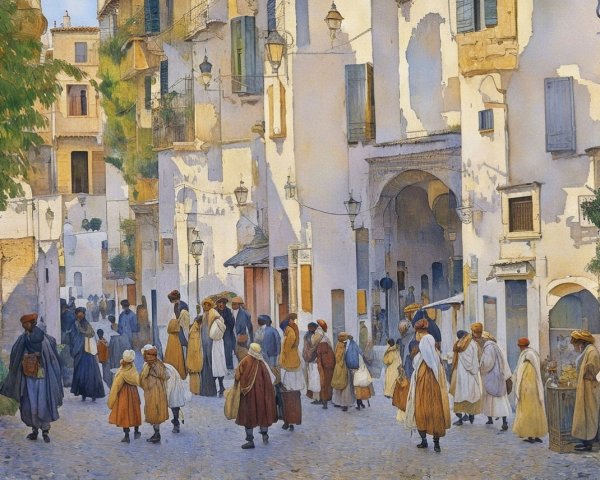 Bustling Village Street with Colorful Buildings and People