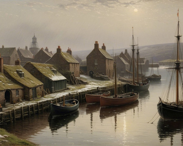 Serene harbor with cottages, boats, and lighthouse