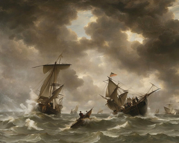 Dramatic Maritime Scene with Turbulent Waves and Ships