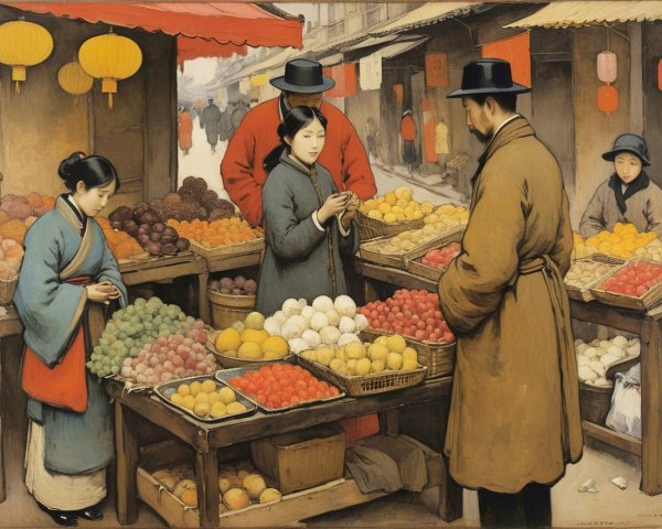 Vibrant Market Scene with Colorful Stalls and Lanterns