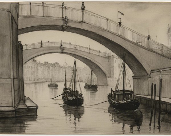 Serene riverside scene with boats and stone bridge