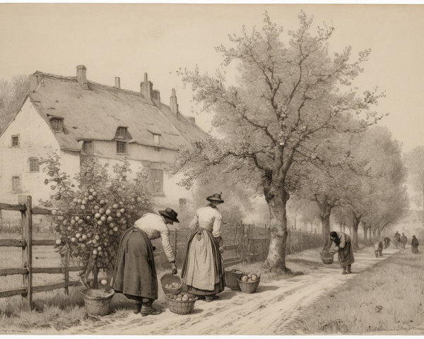 Rural Scene of Women Harvesting Apples Under Trees