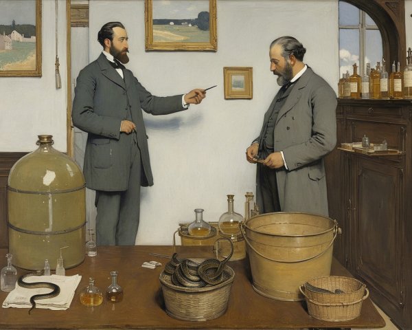 Men in Laboratory with Bottles, Snakes, and Jugs