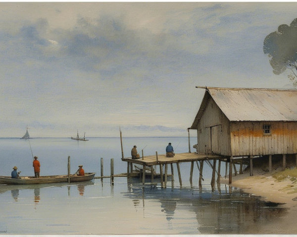 Serene Waterfront Scene with Fishing Hut and Sailboats