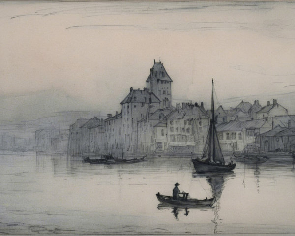 Black and white sketch of a tranquil harbor scene