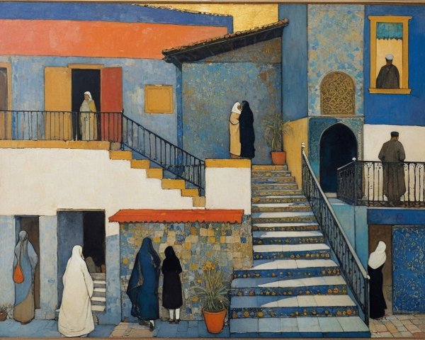 Vibrant Courtyard with Blue Architecture and Traditional Figures