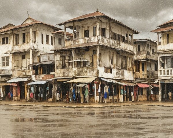 Rainy Street Scene with Vintage Cart and Awnings