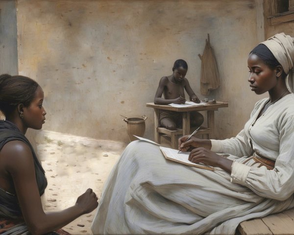 Two African Women and a Boy Writing in Sunlit Room