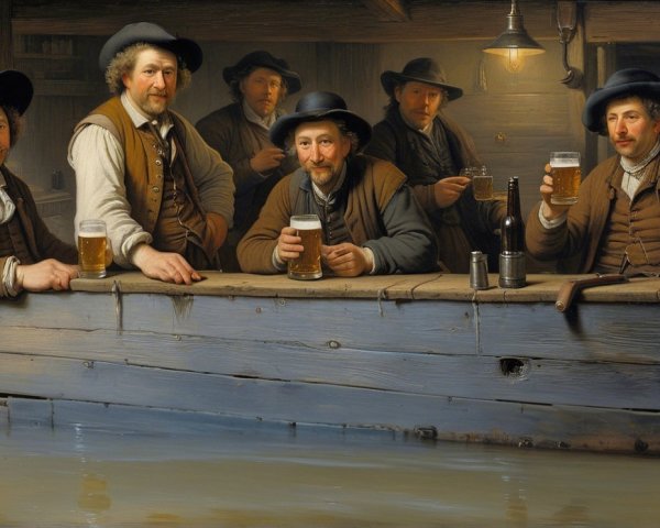 Men in Period Attire at a Rustic Tavern Scene
