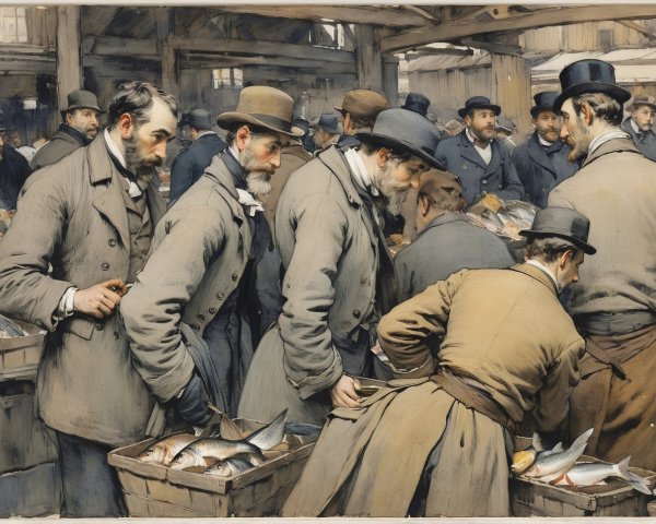 Historical Outdoor Fish Market Scene with Men in Attire
